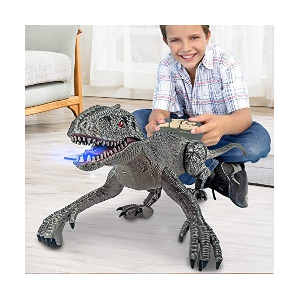 BOMPOW Jouet dinosaure télécommandé, jouet dinosaure pour garçons avec lumière et rugissement, 2,4 GHz réaliste robot dinosau