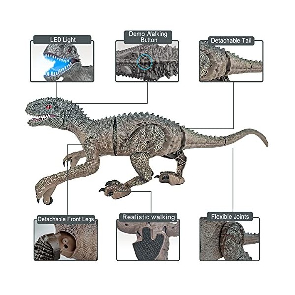 BOMPOW Jouet dinosaure télécommandé, jouet dinosaure pour garçons avec lumière et rugissement, 2,4 GHz réaliste robot dinosau