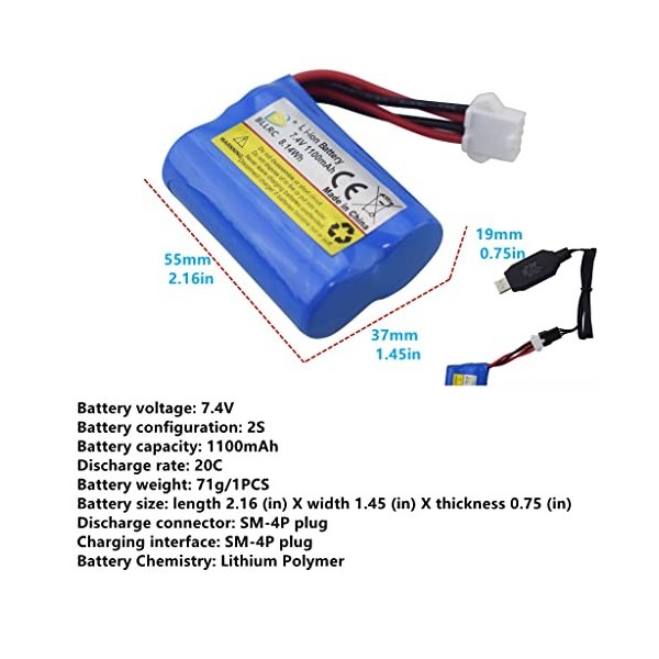 ZYGY Lot de 2 batteries au lithium 7,4 V 1100 mAh avec câble de charge USB pour bateau télécommandé BLLRC L100 HONGXUNJIE HJ8