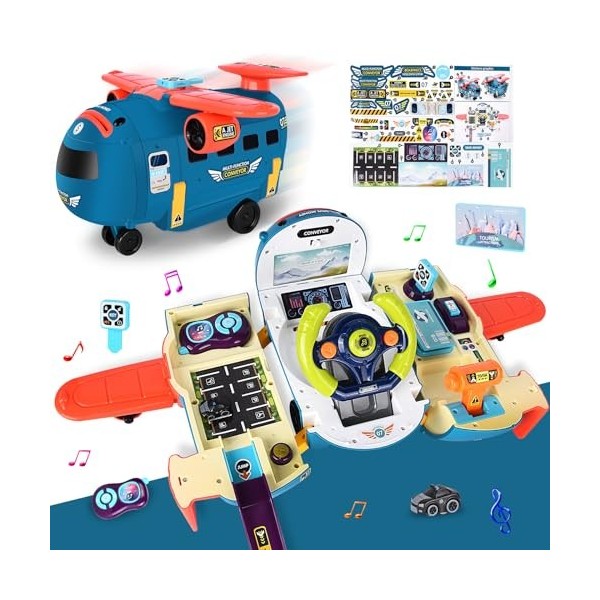 JONRRYIN Jouets Voiture Avion pour garçons 4-6, Jouet Volant Multifonctionnel avec Lumières LED et Sons, Jouets Avion de Cond