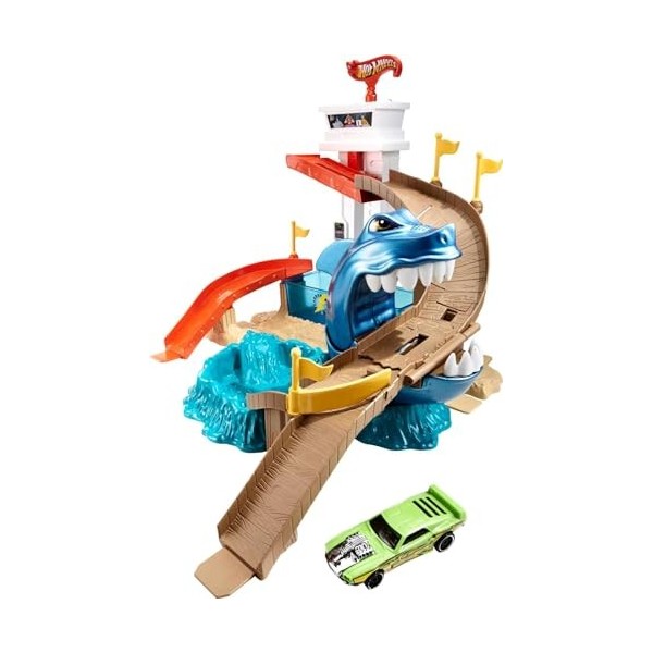 Hot Wheels Piste Attaque Requin, coffret de jeu avec 2 zones de changement de couleur et un véhicule Color Shifters inclus, j