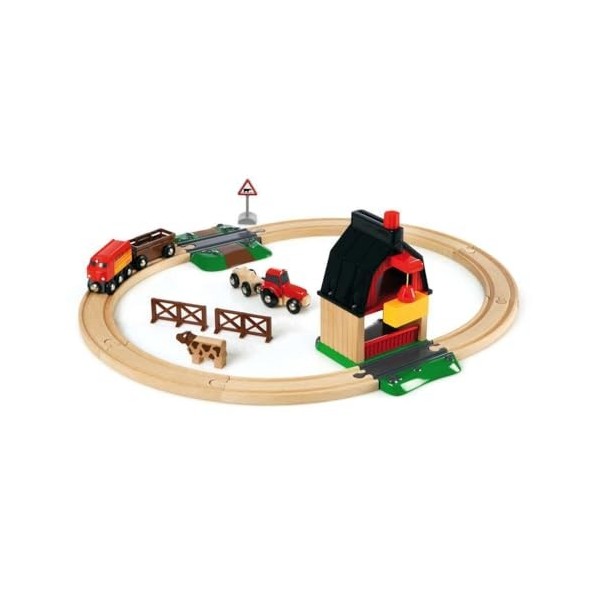 Brio World - 33719 - Circuit De La Ferme - Coffret Complet De 20 Pièces Avec Grue Aimantée Et Animaux - Circuit De Train En B