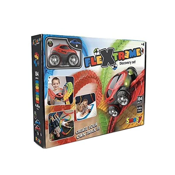 Smoby - FleXtreme - Set Découverte - 4m40 de Circuit de Voiture - 184 Pistes Flexibles et Modulables + 1 Véhicule Effets Lumi