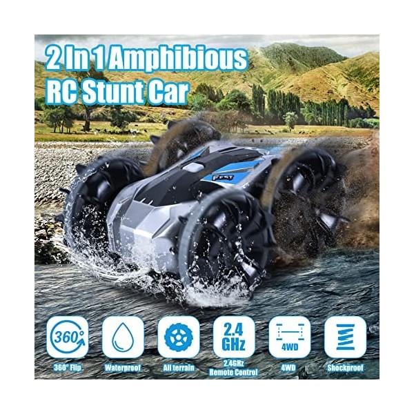 Voiture Télécommandée Étanche pour Enfants, 2.4Ghz Voiture Cascade Eau Amphibie 4WD Rotative à 360° 180° Flip Tout Terrain Jo