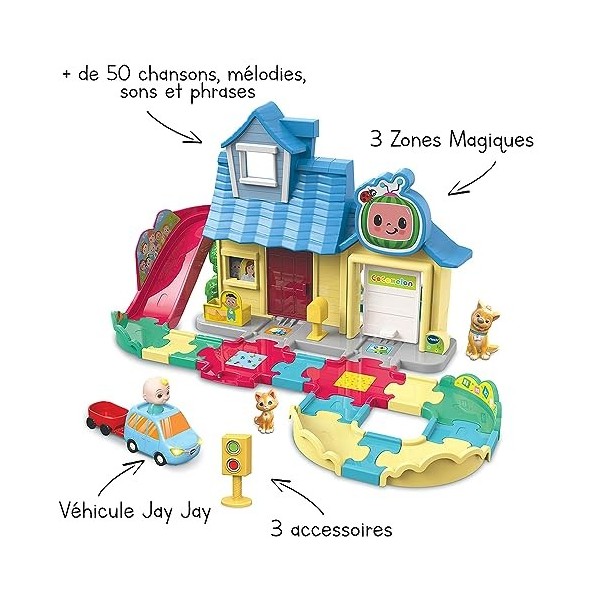 VTech - Tut Tut Bolides CoComelon, La Maison à Surprises de Jay Jay avec Voiture à Chansons, Circuit Voitures Enfant, 3 Zones