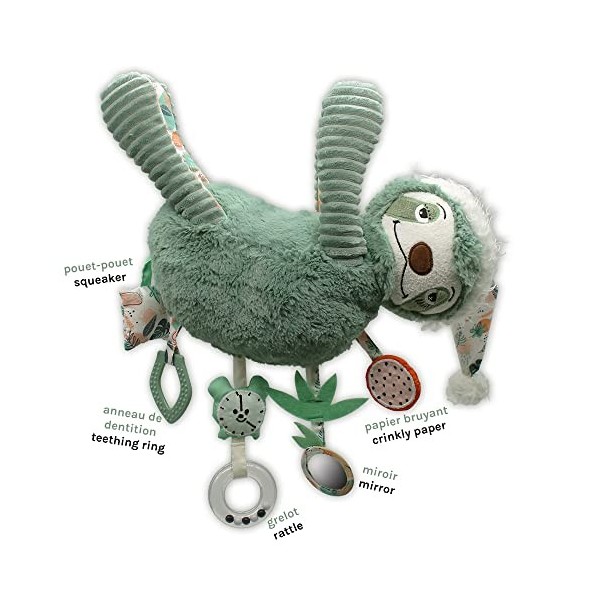 LES DÉGLINGOS- Peluche dactivité Chillos Le Paresseux Jouet éveil sonore et Tactile, 36433, Vert, 30 cm