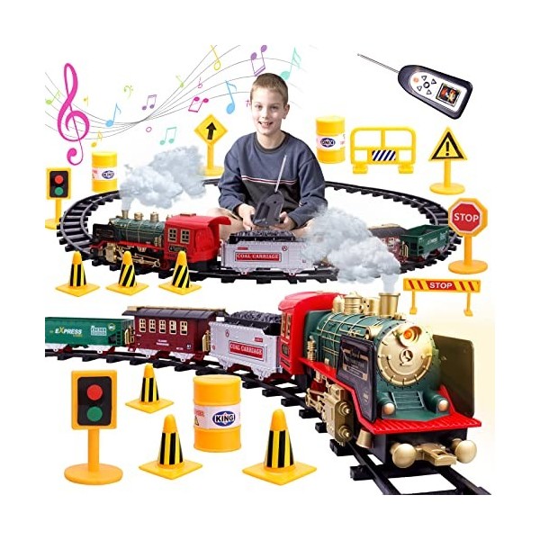 FORMIZON Train Jouet pour Enfants, Jouet de Train à Vapeur, Train De Noël avec Fumé, Sons, Lumières, Locomotive à Vapeur, Rai