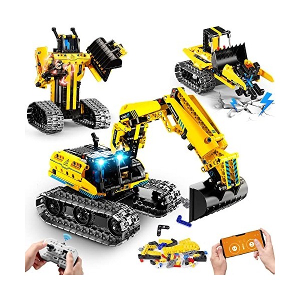 HOGOKIDS Technic Jouets de Construction télécommandés pour Enfants - 430 pièces 3 en 1 RC Pelleteuse Robot Chantier Voiture T