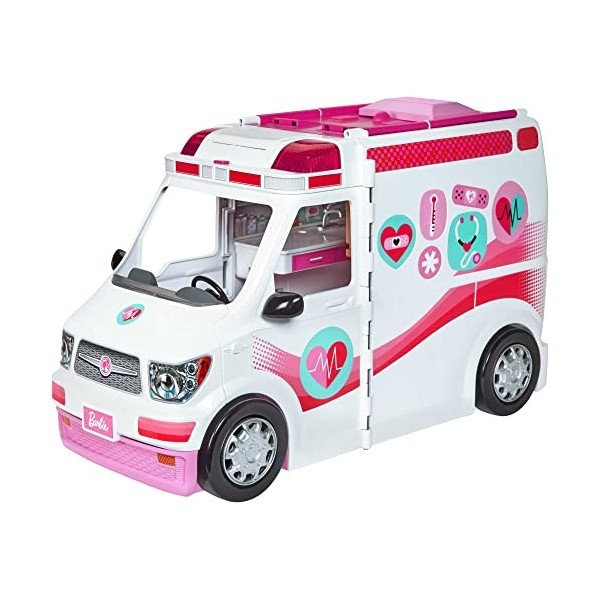 Barbie Véhicule Médical rose et blanc pour poupée, voiture ambulance transformable en hôpital avec plus de 20 accessoires, jo