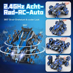 Voiture Telecommandé Tout Terrain, 1:16 Voiture Télécommandée avec Spray et Lumières LED et Huit Roues, 2.4GHz Voiture RC Stu