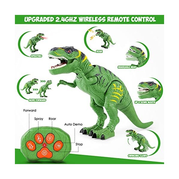 FANURY Jouet dinosaure télécommandé, jouet robot dinosaure T-Rex réaliste avec yeux lumineux et brume de projection - Cadeau 