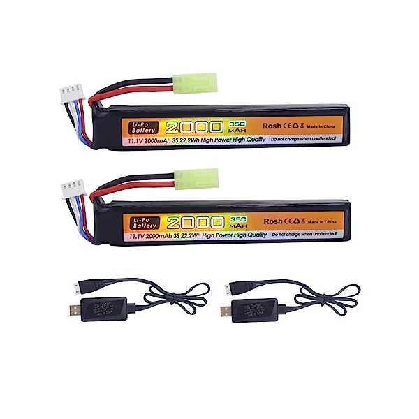 2PCS 11.1V 35C 2000mAh Batterie Li avec Prise Odamiya & 2PCS Ligne de Chargement USB pour modèle Airsoft Fusil à Pompe Voitur