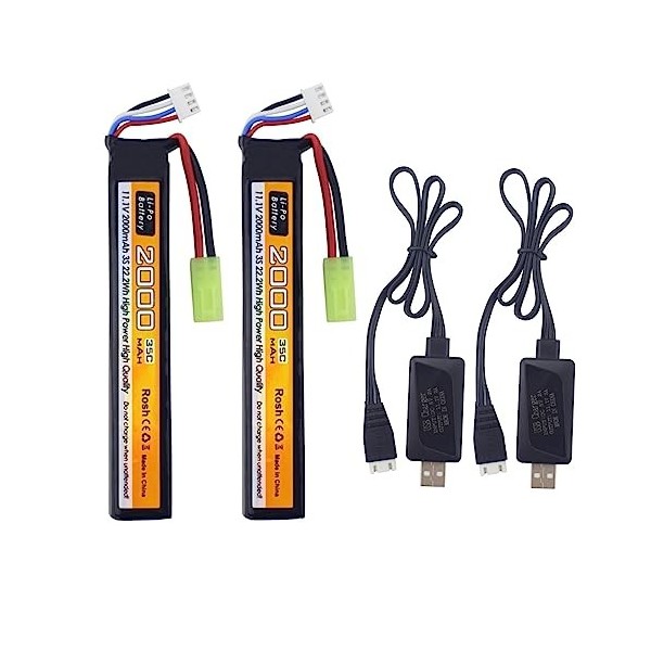 ZYGY 2PCS 11.1V 35C 2000mAh Batterie Prise Odamiya avec câble de Chargement USB pour modèle Airsoft Fusil à Pompe Voiture tél