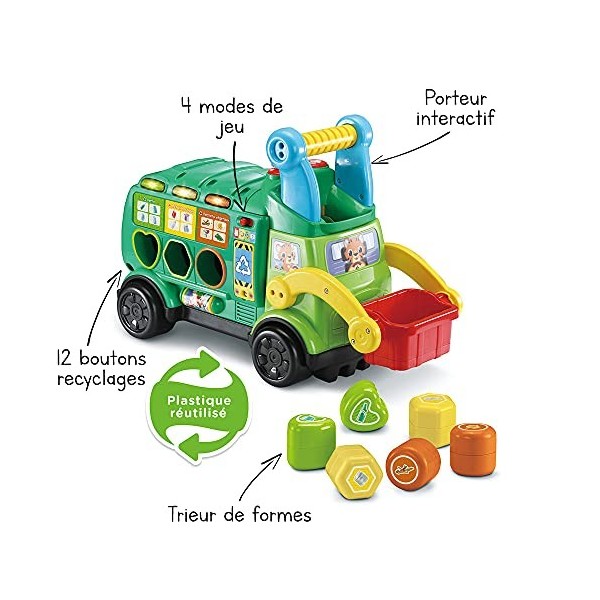 VTech - Maxi Camion Poubelle RecycloFormes, Camion Porteur Bébé Fabriqué avec des Matériaux Plus Durables, Trieur de Formes 