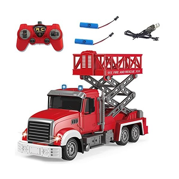 Mostop RC Fire Engine Truck 14" avec compartiment de levage, télécommande 2,4 GHz pour enfants, avec 2 piles rechargeables, 7