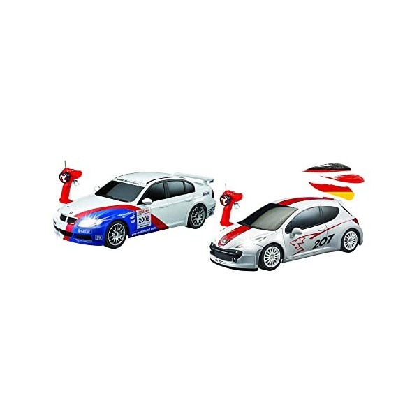 HIMOTO HSP Lot de 2 voitures télécommandées RC au design sous licence compatible avec BMW vs Peugeot WRC, véhicule pour duels