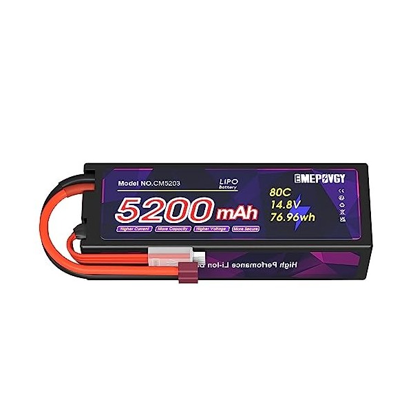 EMEPOVGY Batterie Lipos 14,8 V 4S 80C 5200 mAh avec connecteur en T Deans pour Voitures télécommandées 1/8 1/10