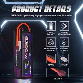 EMEPOVGY Batterie Lipos 14,8 V 4S 80C 5200 mAh avec connecteur en T Deans pour Voitures télécommandées 1/8 1/10