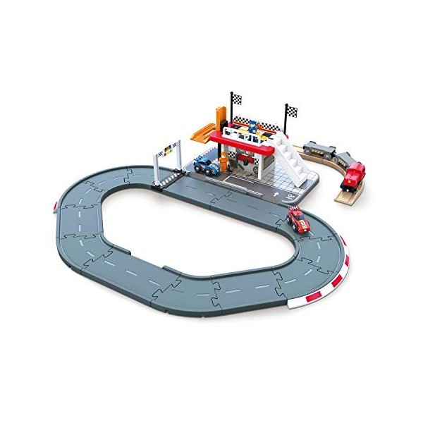 Jouet Hape Station de Course pour Petite Voiture et Circuit Train Bois - Jeu pour Enfant de Plus de Trois Ans - Compatible Av