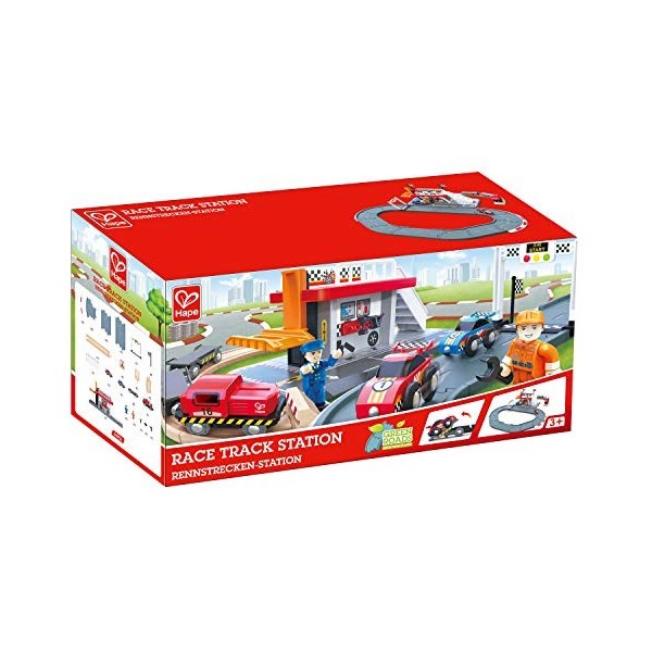 Jouet Hape Station de Course pour Petite Voiture et Circuit Train Bois - Jeu pour Enfant de Plus de Trois Ans - Compatible Av