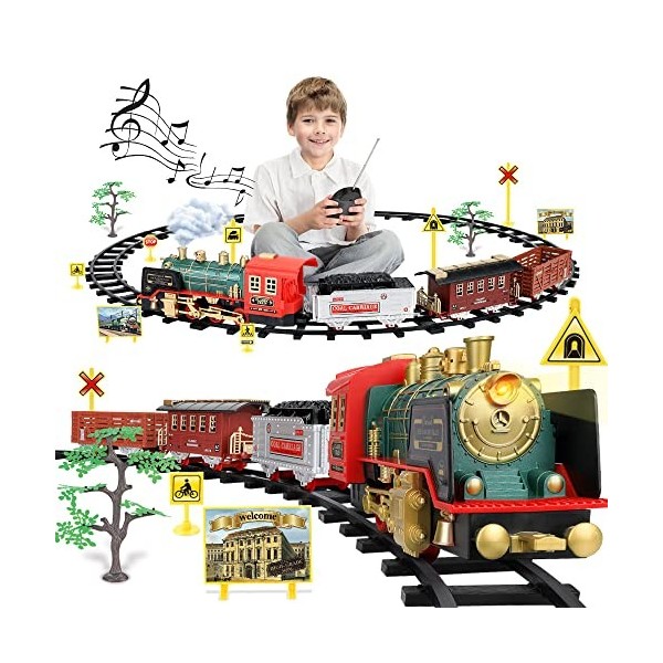 Mini Tudou Noël Trains Électriques Jouets avec Vapeur,Son,lumière,Télécommande Train avec Moteur de Locomotive & Voitures Car