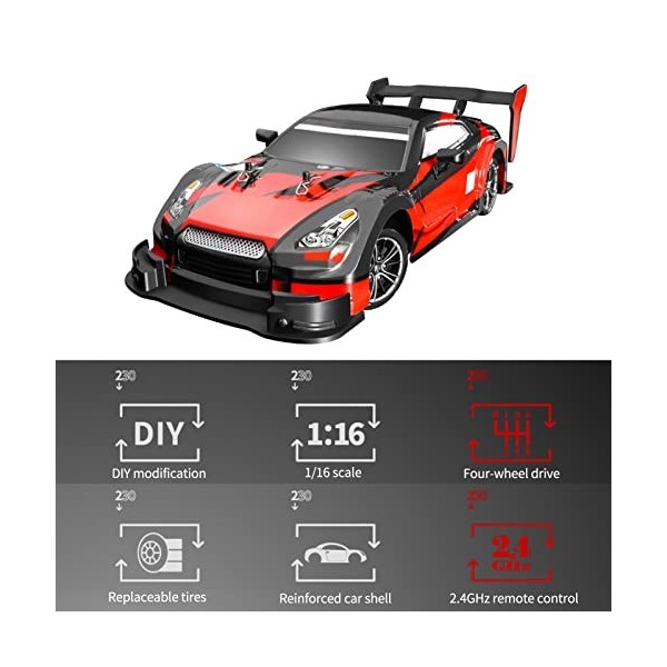 dsfen Voiture de dérive télécommandée 1/16 Voiture télécommandée 2.4GHz 4WD 30 km/h Voiture de Course télécommandée Haute Vit