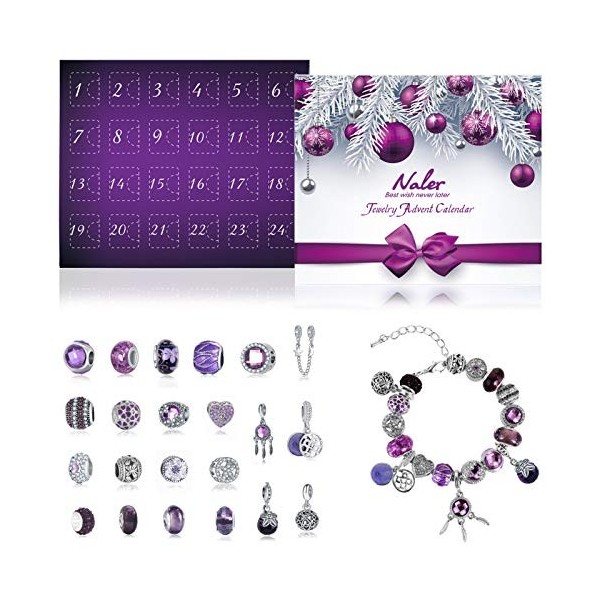 Naler Calendrier de lAvent 2023 Multicolore Noël, Kit de Bijoux Bracelet DIY, Bijoux Charmes Bracelet Perles 24 Pièces