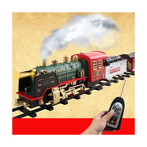 JYCRA Ensemble de train de Noël, train électrique rechargeable télécommandé avec kit de chemin de fer fumé