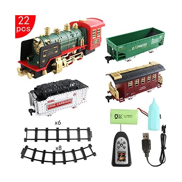 JYCRA Ensemble de train de Noël, train électrique rechargeable télécommandé avec kit de chemin de fer fumé