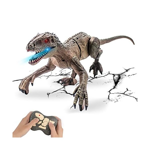 Jouet dinosaure télécommandé rechargeable 2.4 GHz RC Velociraptor Dino avec œil LED, tête et queue qui secoue, jouets élect