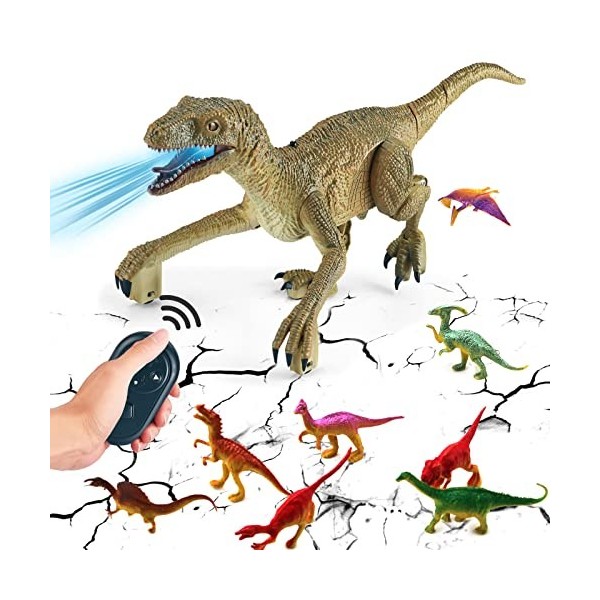 Jouet dinosaure télécommandé rechargeable 2.4 GHz RC Velociraptor Dino avec œil LED, tête et queue qui secoue, jouets élect