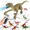 Jouet dinosaure télécommandé rechargeable 2.4 GHz RC Velociraptor Dino avec œil LED, tête et queue qui secoue, jouets élect