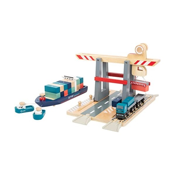 Small Foot 11378 Terminal à conteneurs en Bois, avec portique de manutention Mobile et Accessoires, à partir de 3 Ans Jouets,