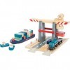 Small Foot 11378 Terminal à conteneurs en Bois, avec portique de manutention Mobile et Accessoires, à partir de 3 Ans Jouets,