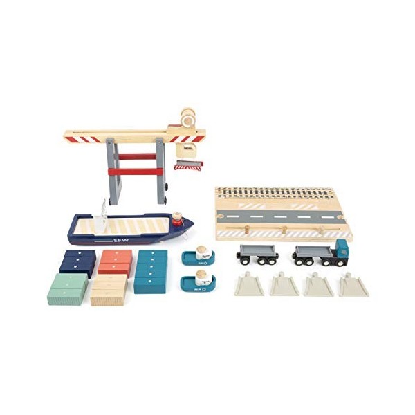 Small Foot 11378 Terminal à conteneurs en Bois, avec portique de manutention Mobile et Accessoires, à partir de 3 Ans Jouets,