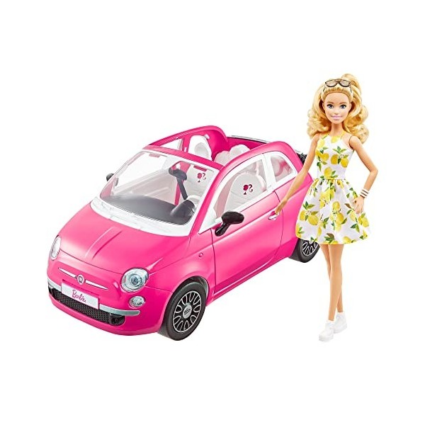 Barbie et sa Fiat 500, Cofret véhicule 4 places rose et poupée Barbie avec habillage et accessoires, cadeau pour enfants de 3