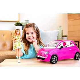 Barbie et sa Fiat&nbsp;500, Cofret véhicule 4&nbsp;places rose et poupée Barbie avec habillage et accessoires, cadeau pour enfants de 3