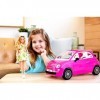 Barbie et sa Fiat 500, Cofret véhicule 4 places rose et poupée Barbie avec habillage et accessoires, cadeau pour enfants de 3