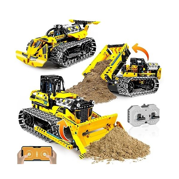 OKKIDY Bulldozer technique 3 en 1, camion à benne basculante RC et voiture de chantier – 452 pièces Jouet de construction pou