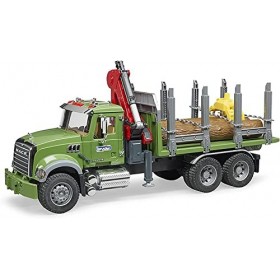 bruder 02824 - Mack Granite Transport de bois Camion avec grue de chargement, grappin et 3 troncs darbres, transport de bois