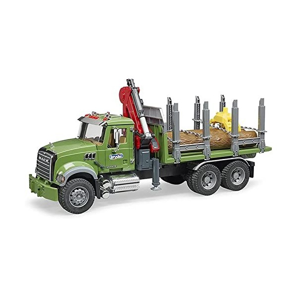 bruder 02824 - Mack Granite Transport de bois Camion avec grue de chargement, grappin et 3 troncs darbres, transport de bois