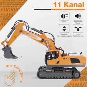 MINGPINHUIUS Excavatrice télécommandée pour enfants, 11 canaux, pelleteuse radiocommandée, télécommande 2,4 GHz, avec pelle e
