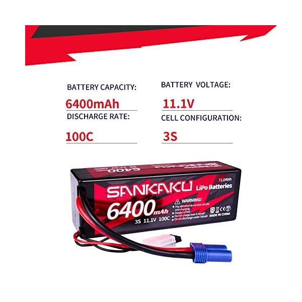 SANKAKU 11.1V Batterie LiPo RC 6400mAh 100C 3S Batterie Lithium Polymère Coque Rigide avec Prise EC5 pour véhicules télécomma