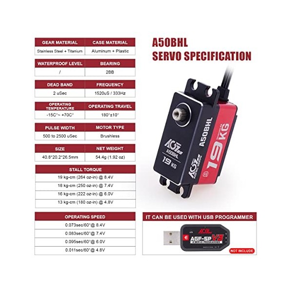 AGFRC Servo numérique programmable à couple élevé 19 kg – Boîtier entièrement en métal CNC sans balais pour modèles RC 1/10, 