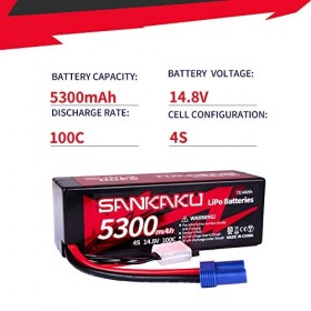 SANKAKU 14,8V Batterie LiPo 5300mAh 100C 4S Batterie Lithium Polymère Coque Rigide avec Prise EC5 pour véhicules,télécommandé