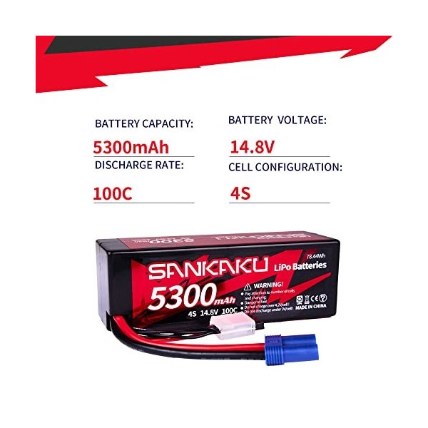 SANKAKU 14,8V Batterie LiPo 5300mAh 100C 4S Batterie Lithium Polymère Coque Rigide avec Prise EC5 pour véhicules,télécommandé