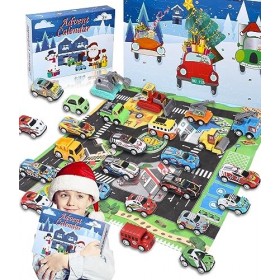 Calendrier de lAvent Voiture Enfant,Calendrier De Lavent 2023 avec 24 pcs Jouets Garçon Petites Voitures & Camions & Tapis 