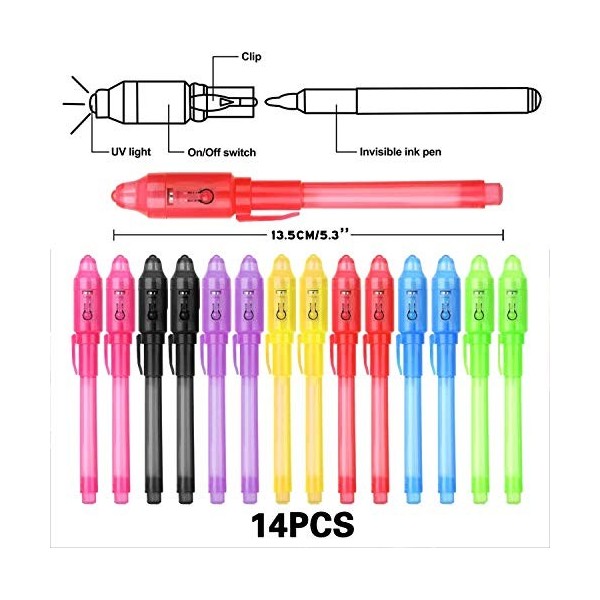 iZoeL Lot de 14 crayons à encre invisible avec lumière UV Cadeau d’anniversaire idéal pour les enfants 7 couleurs assorties -