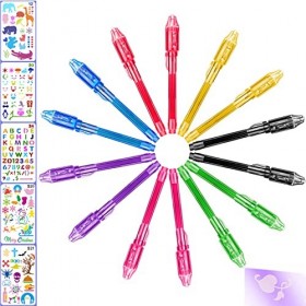 MonQi 14 Pièces Crayons à Encre Invisible avec lumière UV + 5 Pochoirs pour le Dessin,Spy Pen Stylo Espion à Encre Invisible 